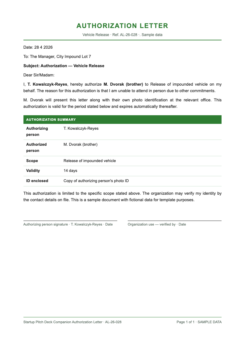 Startup pitch deck companion authorization letter